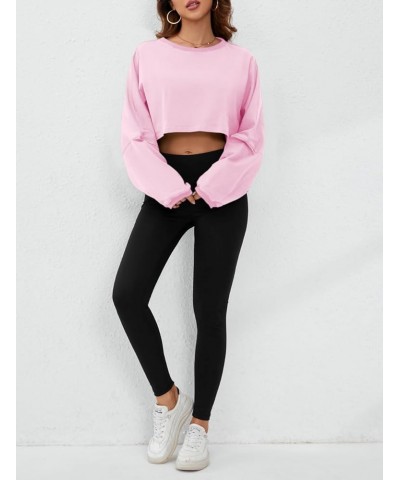 Women Long Sleeve Crewneck Crop Top Tee Shirt Sweatshirt Casual Solid Loose Fit Workout Cropped Pullover Tshirt Baby Pink $18...