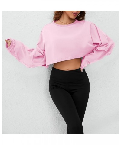 Women Long Sleeve Crewneck Crop Top Tee Shirt Sweatshirt Casual Solid Loose Fit Workout Cropped Pullover Tshirt Baby Pink $18...