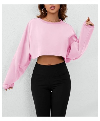 Women Long Sleeve Crewneck Crop Top Tee Shirt Sweatshirt Casual Solid Loose Fit Workout Cropped Pullover Tshirt Baby Pink $18...