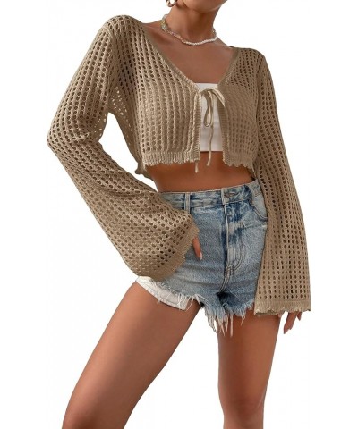 Women's Hollow Out Bell Sleeve Tie Front Scallop Trim Cropped Cardigan Top Khaki $16.95 Sweaters