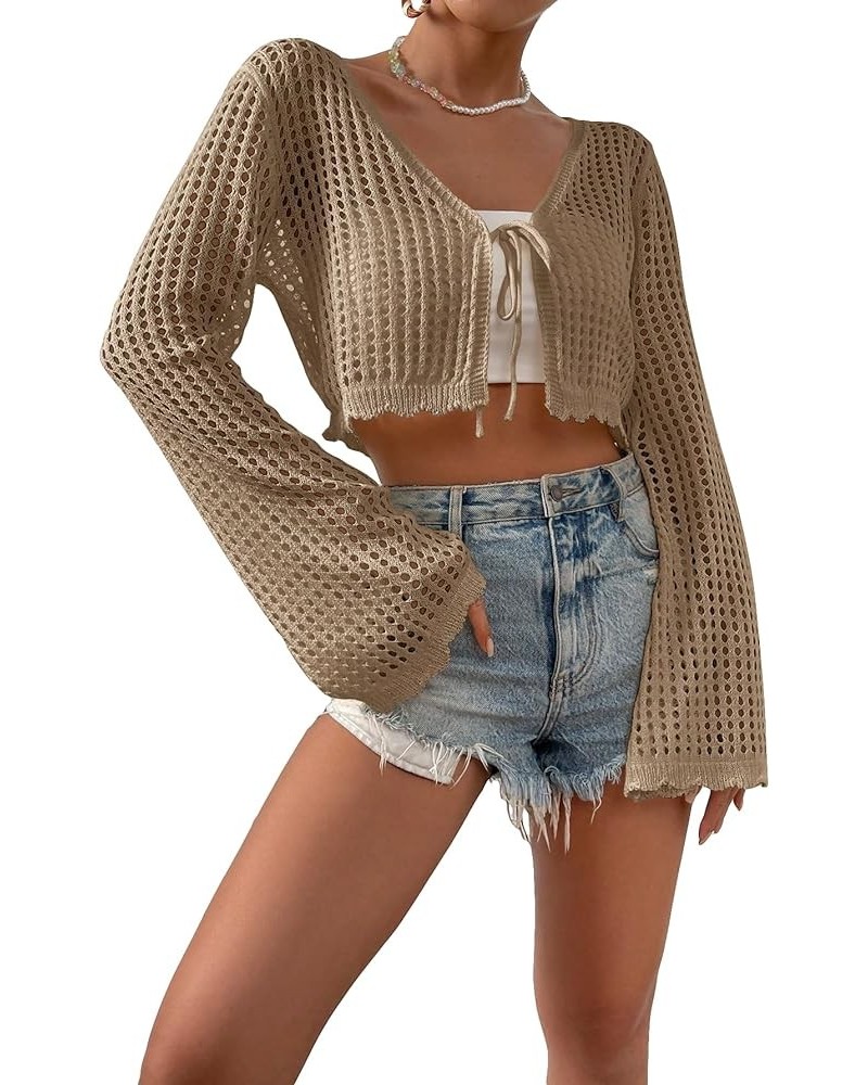 Women's Hollow Out Bell Sleeve Tie Front Scallop Trim Cropped Cardigan Top Khaki $16.95 Sweaters