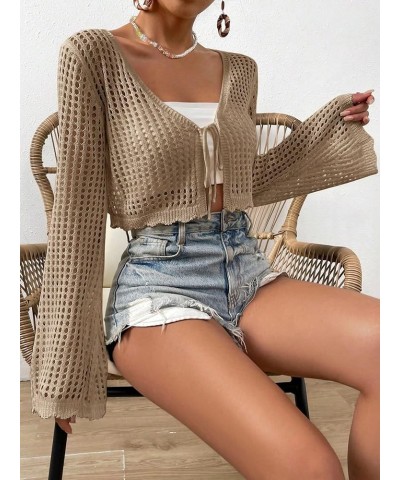 Women's Hollow Out Bell Sleeve Tie Front Scallop Trim Cropped Cardigan Top Khaki $16.95 Sweaters