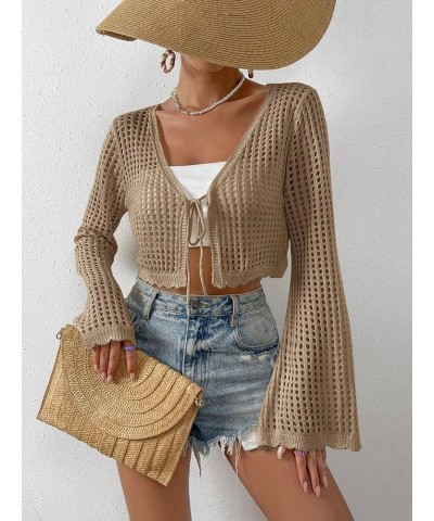 Women's Hollow Out Bell Sleeve Tie Front Scallop Trim Cropped Cardigan Top Khaki $16.95 Sweaters