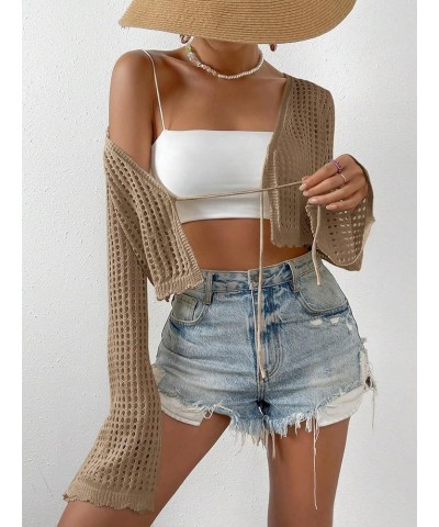 Women's Hollow Out Bell Sleeve Tie Front Scallop Trim Cropped Cardigan Top Khaki $16.95 Sweaters