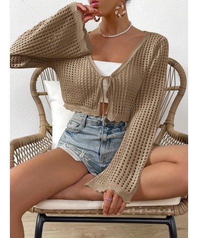 Women's Hollow Out Bell Sleeve Tie Front Scallop Trim Cropped Cardigan Top Khaki $16.95 Sweaters