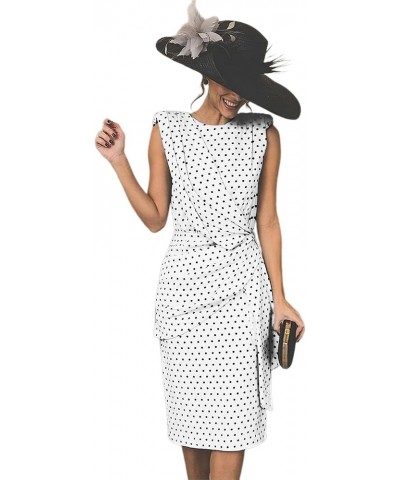 Women's Polka Dot Cocktail Midi Pencil Dress Sleeveless Ruched Bodycon Formal Wedding Guest Dresses White $18.14 Dresses