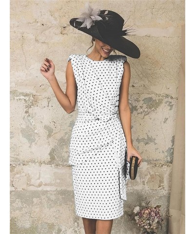 Women's Polka Dot Cocktail Midi Pencil Dress Sleeveless Ruched Bodycon Formal Wedding Guest Dresses White $18.14 Dresses