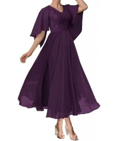 Ruffle Sleeves Mother of The Bride Dresses Tea Length Lace Appliques Chiffon Formal Evening Gown for Wedding Plum $39.04 Dresses