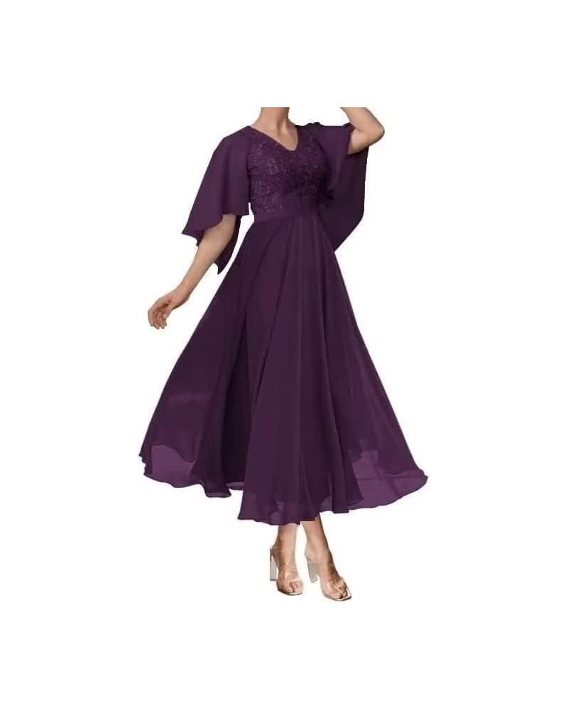 Ruffle Sleeves Mother of The Bride Dresses Tea Length Lace Appliques Chiffon Formal Evening Gown for Wedding Plum $39.04 Dresses