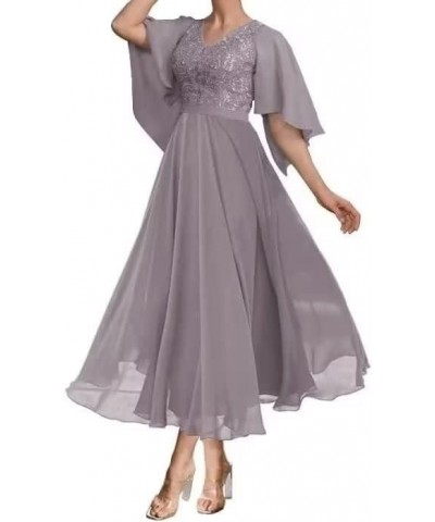 Ruffle Sleeves Mother of The Bride Dresses Tea Length Lace Appliques Chiffon Formal Evening Gown for Wedding Plum $39.04 Dresses