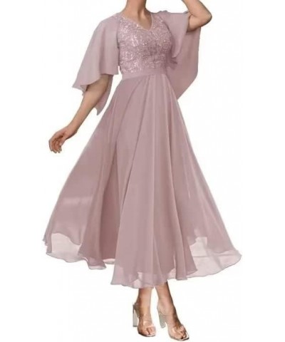 Ruffle Sleeves Mother of The Bride Dresses Tea Length Lace Appliques Chiffon Formal Evening Gown for Wedding Plum $39.04 Dresses