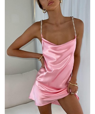 Summer Mini Dresses for Women Y2k Backless Low-Cut Sling Sleeveless One Piece Casual Dress Rhinestone Pink $11.03 Dresses