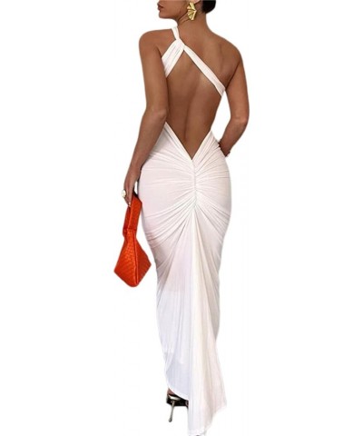 Sexy Backless Maxi Dress for Women Y2K Satin Spaghetti Strap Sleeveless Cowl Neck Bodycon Long Dress G Backless White $11.96 ...