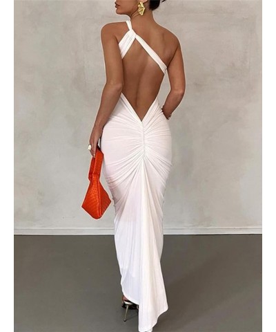 Sexy Backless Maxi Dress for Women Y2K Satin Spaghetti Strap Sleeveless Cowl Neck Bodycon Long Dress G Backless White $11.96 ...