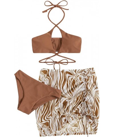 Women's 3 Piece Swimsuit Criss Cross Tie Back Halter Bikini Set with Allover Print Drawstring Beach Skirt Brown $20.51 Swimsuits