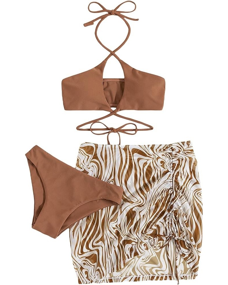 Women's 3 Piece Swimsuit Criss Cross Tie Back Halter Bikini Set with Allover Print Drawstring Beach Skirt Brown $20.51 Swimsuits