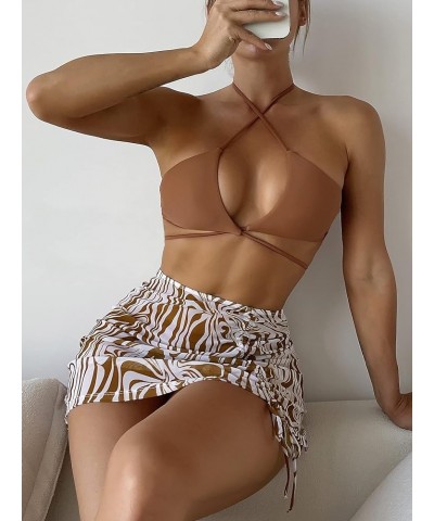 Women's 3 Piece Swimsuit Criss Cross Tie Back Halter Bikini Set with Allover Print Drawstring Beach Skirt Brown $20.51 Swimsuits