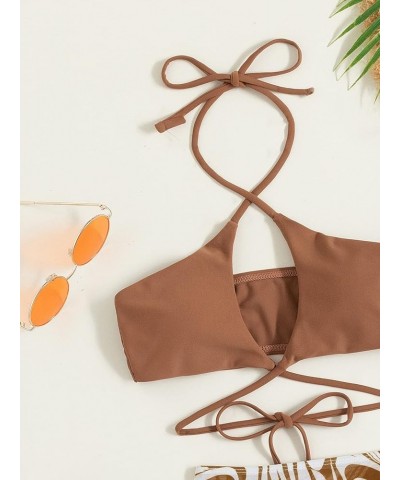 Women's 3 Piece Swimsuit Criss Cross Tie Back Halter Bikini Set with Allover Print Drawstring Beach Skirt Brown $20.51 Swimsuits