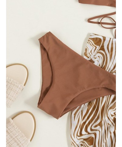 Women's 3 Piece Swimsuit Criss Cross Tie Back Halter Bikini Set with Allover Print Drawstring Beach Skirt Brown $20.51 Swimsuits