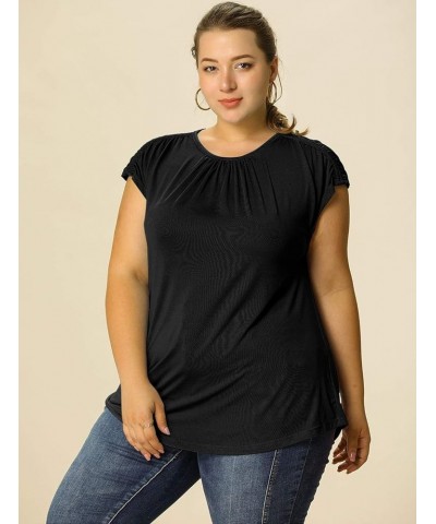 Women's Plus Size Blouses Ruched Round Neck Casual Short Sleeves Top Black $11.27 Blouses