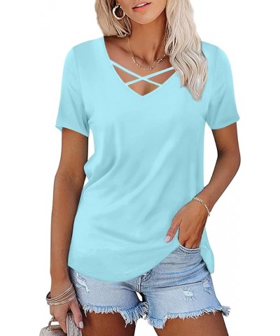 Women's Casual Summer V-neck Short Sleeve Tunic Top Criss Cross Comfort Blouse Shirts One Cross 1-short-sky Blue $10.00 Tops