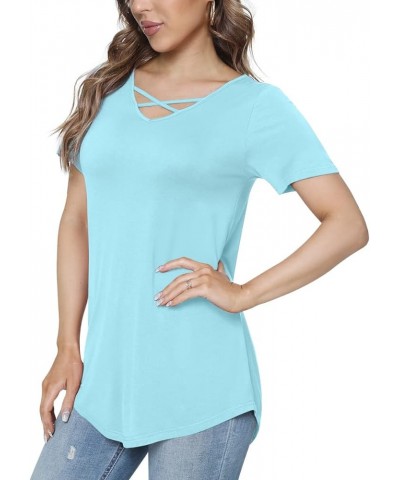 Women's Casual Summer V-neck Short Sleeve Tunic Top Criss Cross Comfort Blouse Shirts One Cross 1-short-sky Blue $10.00 Tops