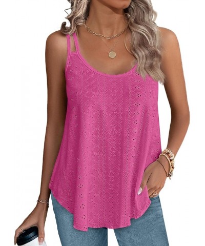 Womens Tank Tops Spaghetti Strap Camisoles Eyelet Embroidery Scoop Neck Tops I- Hot Pink $7.82 Tanks