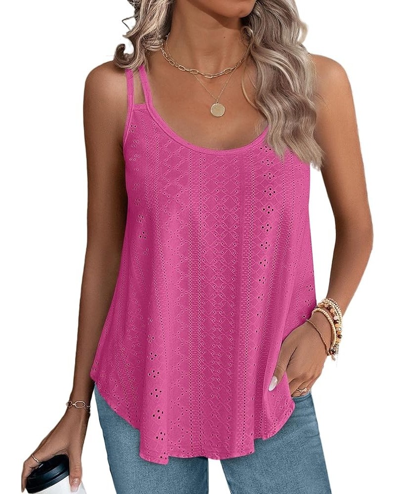 Womens Tank Tops Spaghetti Strap Camisoles Eyelet Embroidery Scoop Neck Tops I- Hot Pink $7.82 Tanks