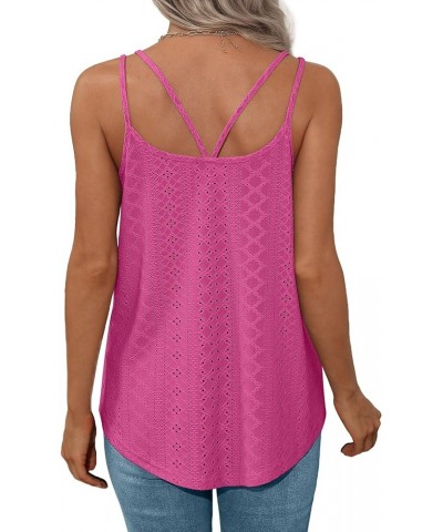 Womens Tank Tops Spaghetti Strap Camisoles Eyelet Embroidery Scoop Neck Tops I- Hot Pink $7.82 Tanks