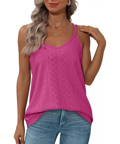 Womens Tank Tops Spaghetti Strap Camisoles Eyelet Embroidery Scoop Neck Tops I- Hot Pink $7.82 Tanks