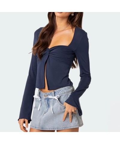 Women Y2K Skinny Long Sleeve Crop Top Square Neck Low Cut Basic Tee Ribbed Slim Fitted Pullovers Tops H-twist Knot Blue $8.84...