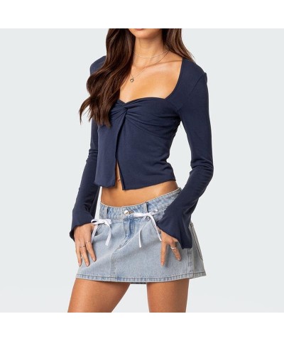 Women Y2K Skinny Long Sleeve Crop Top Square Neck Low Cut Basic Tee Ribbed Slim Fitted Pullovers Tops H-twist Knot Blue $8.84...