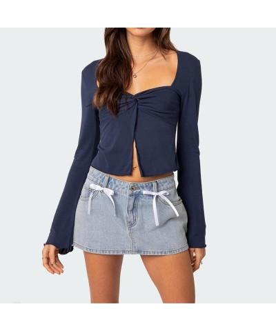 Women Y2K Skinny Long Sleeve Crop Top Square Neck Low Cut Basic Tee Ribbed Slim Fitted Pullovers Tops H-twist Knot Blue $8.84...