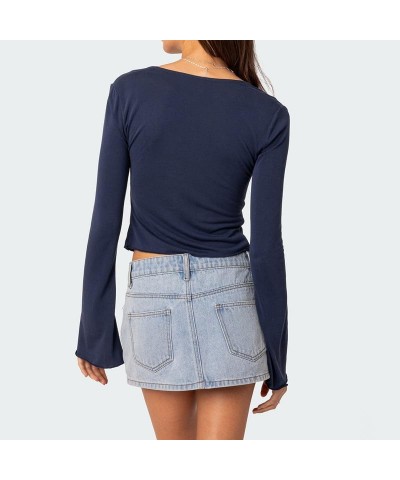 Women Y2K Skinny Long Sleeve Crop Top Square Neck Low Cut Basic Tee Ribbed Slim Fitted Pullovers Tops H-twist Knot Blue $8.84...