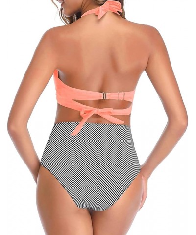 Women Two Piece Vintage Swimsuit Retro Halter Ruched High Waist Bikini with Bottom Coral Pink Stripe $17.84 Swimsuits