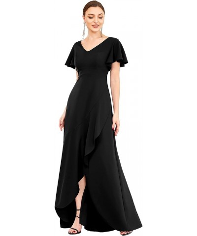 Women's A-line V-Neck Empire Waist Side Split Short Sleeves Elastic Long Formal Dress with Ruffles 00023 Black $15.11 Dresses