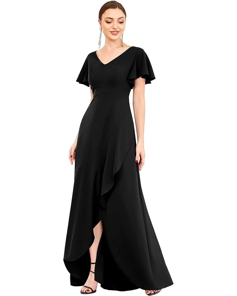 Women's A-line V-Neck Empire Waist Side Split Short Sleeves Elastic Long Formal Dress with Ruffles 00023 Black $15.11 Dresses