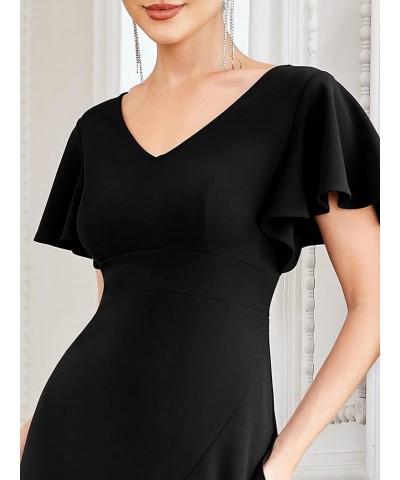 Women's A-line V-Neck Empire Waist Side Split Short Sleeves Elastic Long Formal Dress with Ruffles 00023 Black $15.11 Dresses