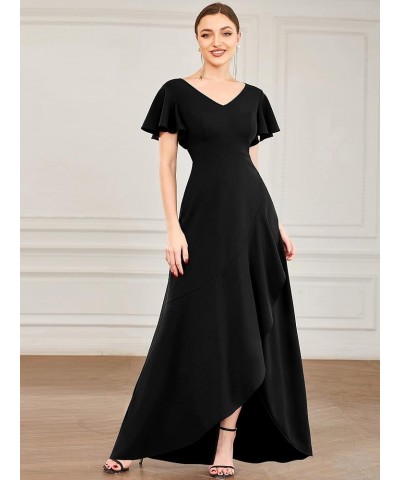 Women's A-line V-Neck Empire Waist Side Split Short Sleeves Elastic Long Formal Dress with Ruffles 00023 Black $15.11 Dresses