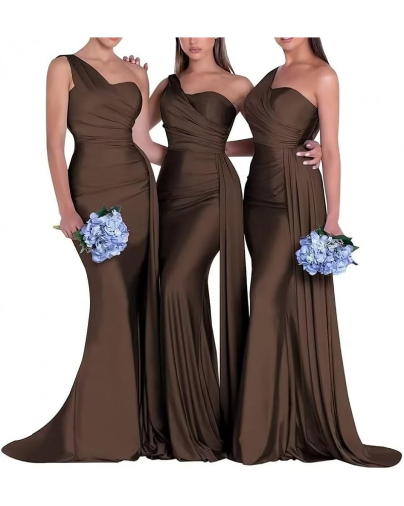 One Shoulder Mermaid Bridesmaid Dresses Long Prom Dresses Satin Formal Evening Gowns with Train Brown $26.39 Dresses