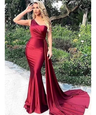 One Shoulder Mermaid Bridesmaid Dresses Long Prom Dresses Satin Formal Evening Gowns with Train Brown $26.39 Dresses