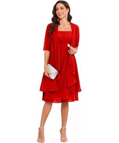 2 Pieces Mother of The Bride Dresses for Wedding Chiffon Ruffle Pleated Formal Evening Gown with Jacket Red $26.65 Dresses