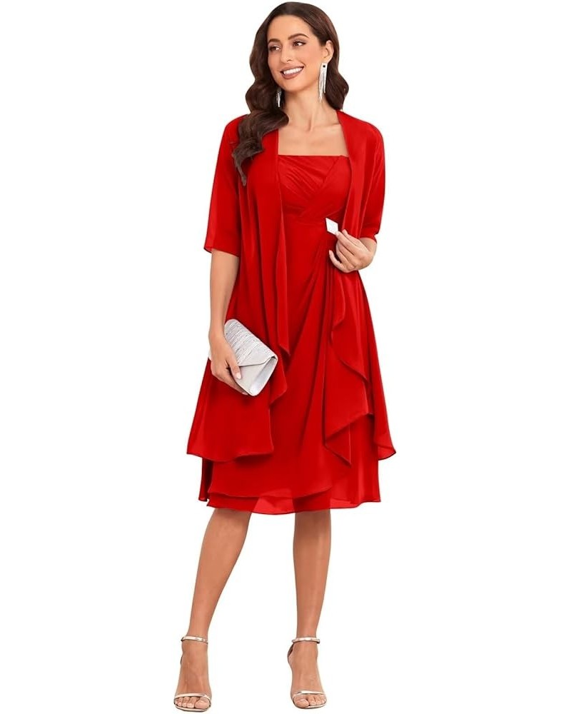 2 Pieces Mother of The Bride Dresses for Wedding Chiffon Ruffle Pleated Formal Evening Gown with Jacket Red $26.65 Dresses