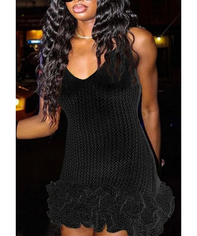 Women's Crochet V Neck Layer Ruffle Hem Sweater Dress Backless Bodycon Short Mini Knit Pullover Dresses 2black $18.35 Sweaters