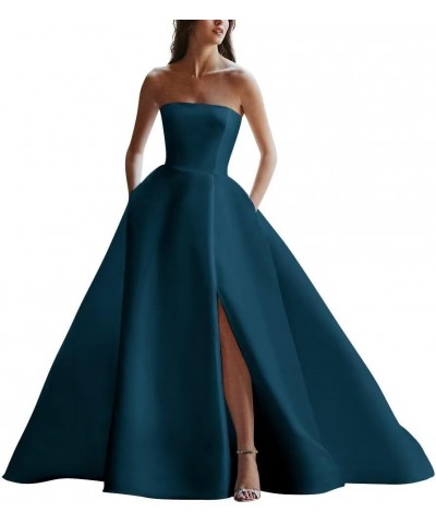 Strapless Satin Wedding Dresses for Bride Sleeveless Bridal Dresses Mermaid Prom Ball Gown for Women with Slit Peacock Blue $...