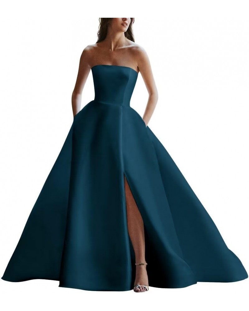 Strapless Satin Wedding Dresses for Bride Sleeveless Bridal Dresses Mermaid Prom Ball Gown for Women with Slit Peacock Blue $...