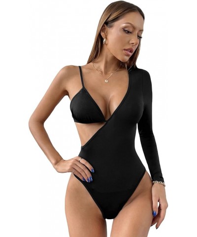 Women's One Shoulder Cut Out Tee Asymmetrical Long Sleeve Bodysuit Tops Black $11.44 Bodysuits