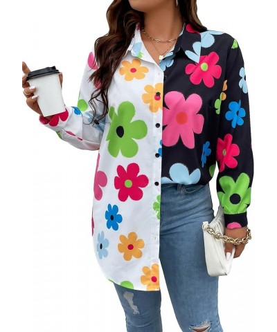 Women's Colorblock Button Up Shirt Collared Long Sleeve Blouse Top Multicolor Floral $11.50 Blouses