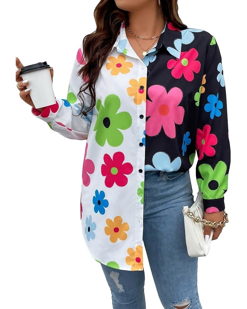 Women's Colorblock Button Up Shirt Collared Long Sleeve Blouse Top Multicolor Floral $11.50 Blouses