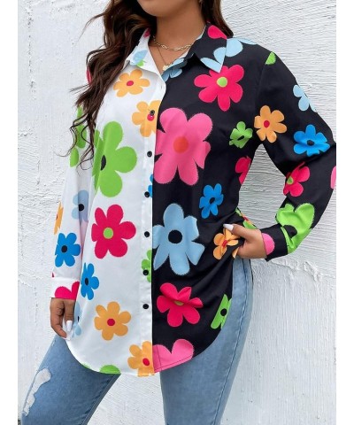 Women's Colorblock Button Up Shirt Collared Long Sleeve Blouse Top Multicolor Floral $11.50 Blouses